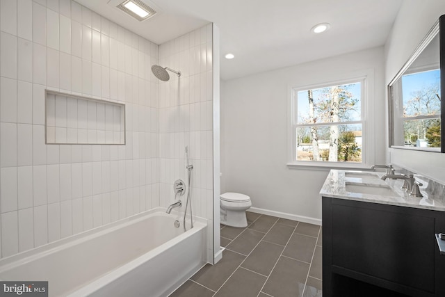 full bath with visible vents, toilet, tile patterned flooring, tub / shower combination, and vanity