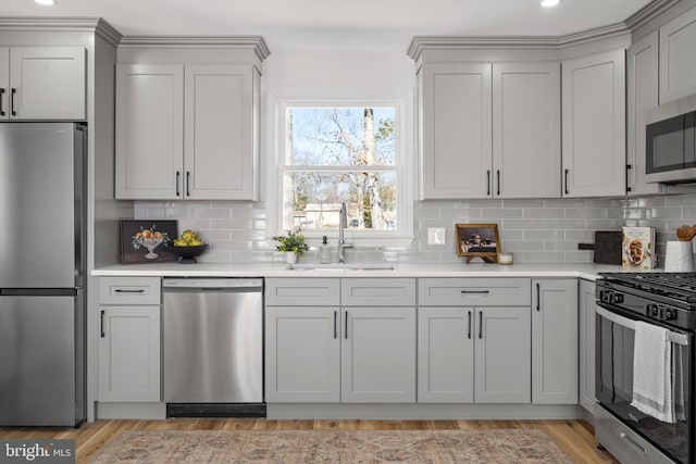 kitchen featuring a sink, appliances with stainless steel finishes, gray cabinets, and light countertops