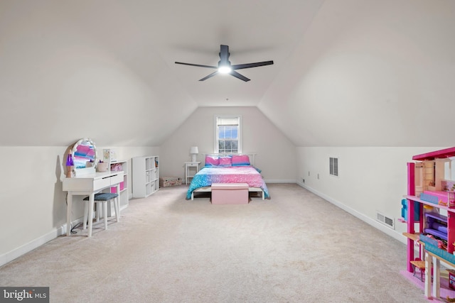 bedroom featuring lofted ceiling, carpet, visible vents, and baseboards