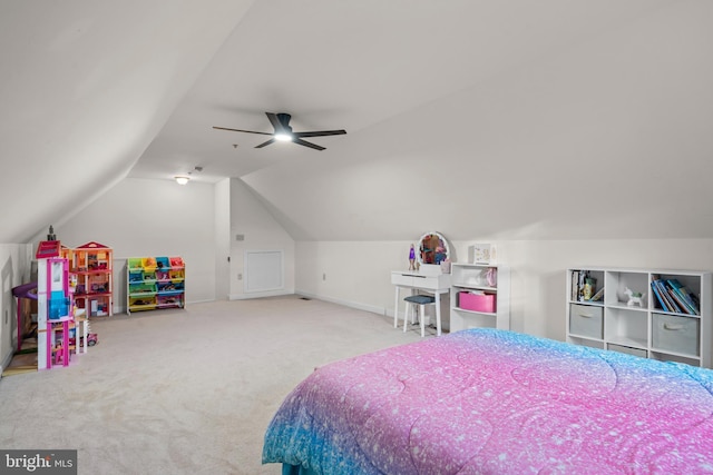 bedroom featuring vaulted ceiling, carpet flooring, baseboards, and ceiling fan