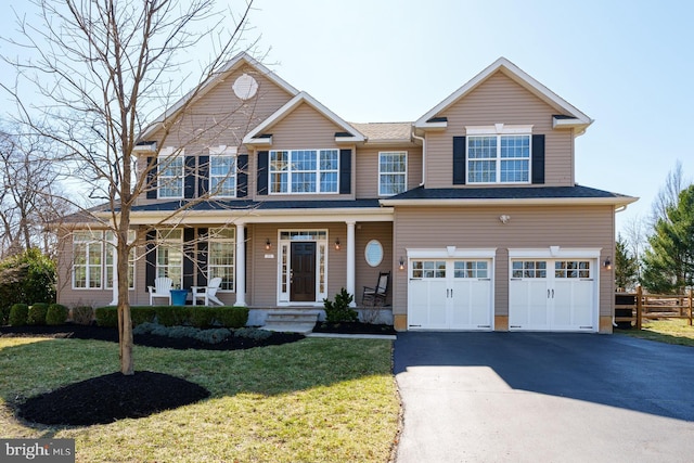 view of front facade featuring driveway, a front yard, a porch, and an attached garage