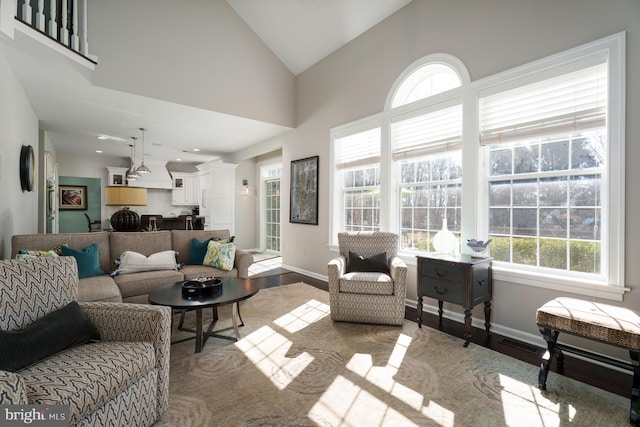 living area with wood finished floors, baseboards, and high vaulted ceiling