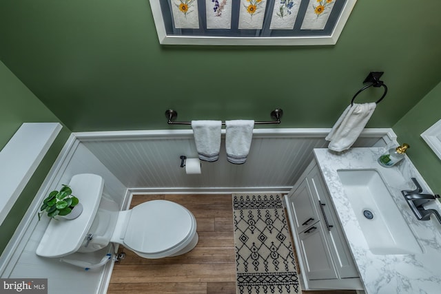 half bathroom with a sink, a wainscoted wall, and toilet