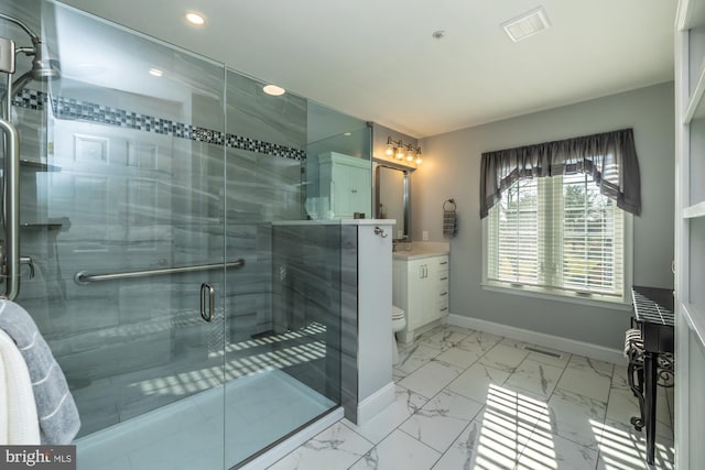 full bath featuring vanity, visible vents, baseboards, a stall shower, and marble finish floor