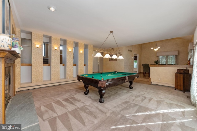 rec room featuring a glass covered fireplace, pool table, carpet, and a baseboard radiator