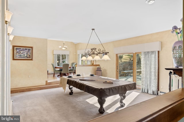 playroom with carpet flooring, baseboard heating, and billiards