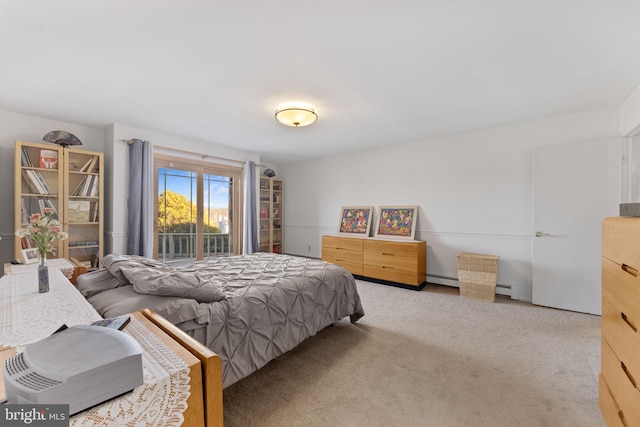 bedroom featuring light colored carpet and access to outside