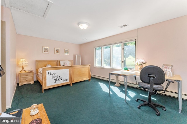 bedroom with visible vents, baseboards, attic access, and dark carpet