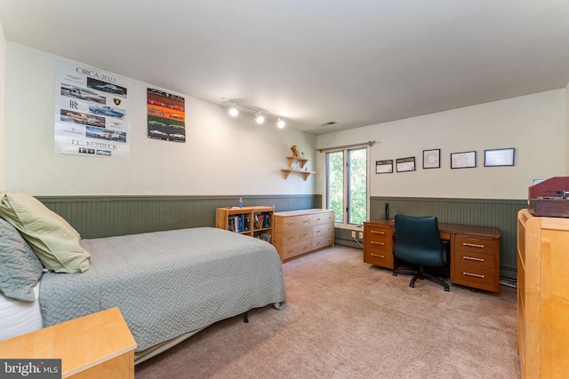 carpeted bedroom with a wainscoted wall and baseboard heating