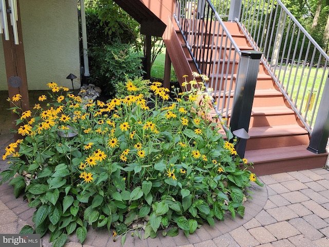 exterior details with stucco siding and stairs