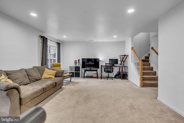 carpeted living room featuring stairway, recessed lighting, and baseboards