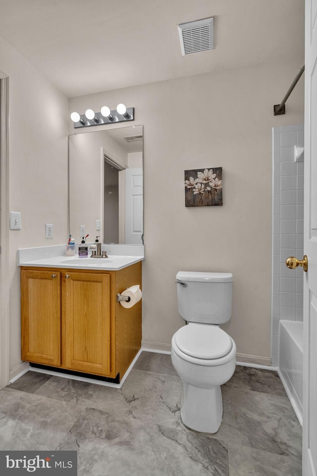 full bathroom with vanity, toilet, baseboards, and visible vents