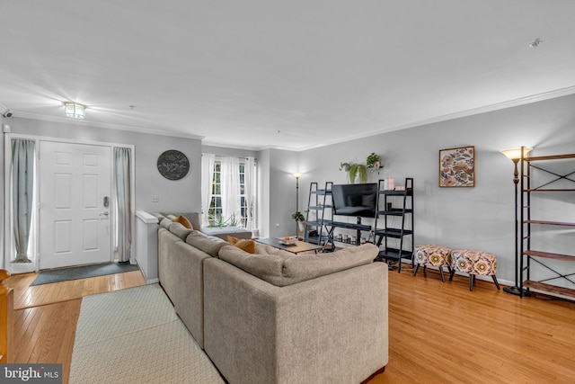 living room featuring baseboards, crown molding, and light wood finished floors