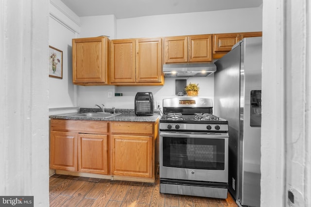 kitchen featuring under cabinet range hood, a sink, dark countertops, dark wood finished floors, and appliances with stainless steel finishes