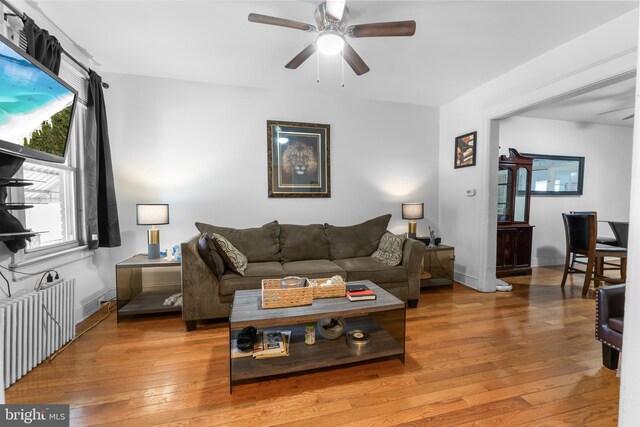 living area featuring baseboards, a ceiling fan, radiator heating unit, and hardwood / wood-style flooring