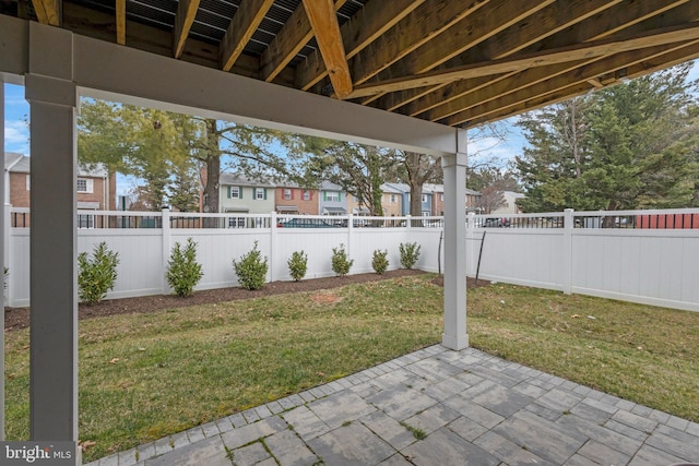 view of patio with a residential view and a fenced backyard