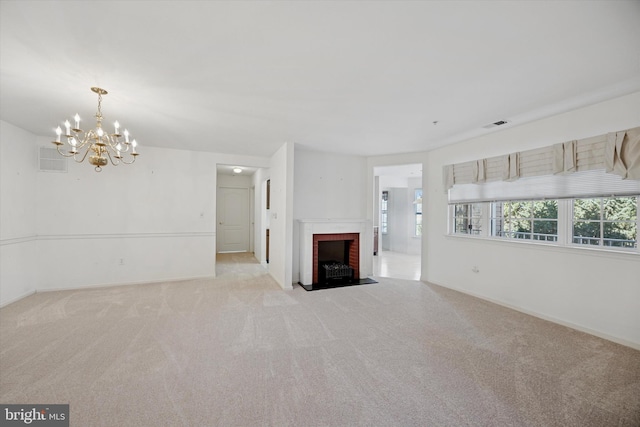 unfurnished living room featuring a brick fireplace, carpet flooring, baseboards, and visible vents