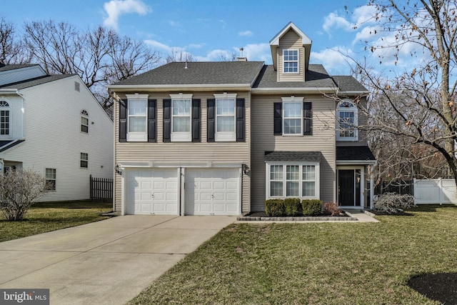 view of front facade featuring fence, a shingled roof, a front lawn, concrete driveway, and a garage