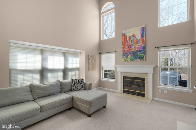 living area featuring carpet flooring, a healthy amount of sunlight, and baseboards