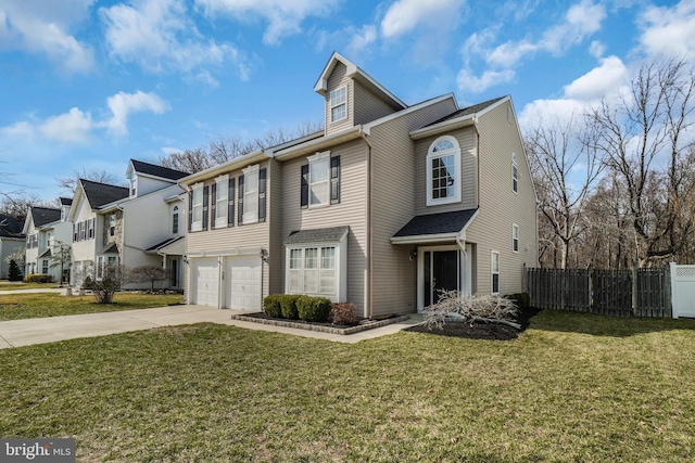 view of front facade with a front lawn, driveway, fence, a residential view, and a garage