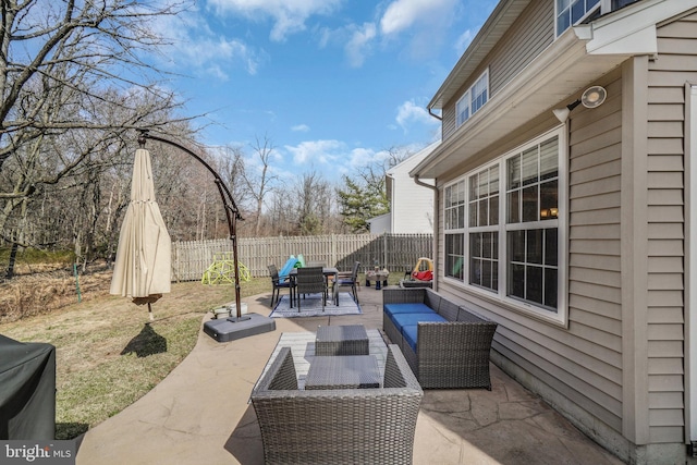 view of patio / terrace with a fenced backyard and outdoor lounge area