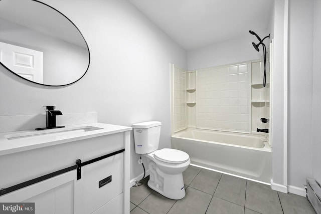 full bathroom with vanity, a baseboard radiator, tile patterned floors, toilet, and shower / bathtub combination