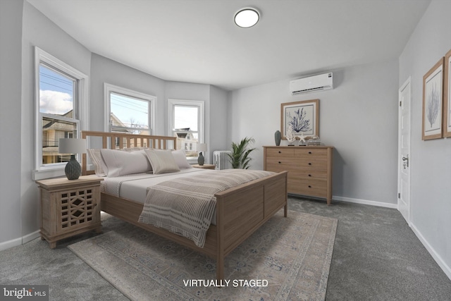 carpeted bedroom with a wall unit AC, radiator, and baseboards