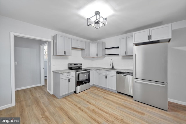 kitchen with light wood finished floors, baseboards, decorative backsplash, appliances with stainless steel finishes, and a sink