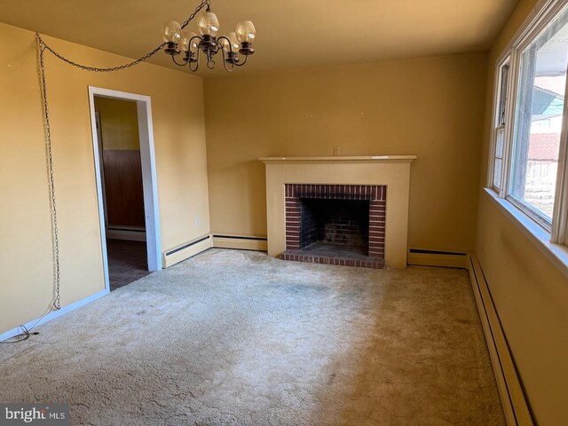 1002 N New St, West Chester, PA 19380 - unfurnished living room with a notable chandelier, a fireplace, carpet, and a baseboard radiator
