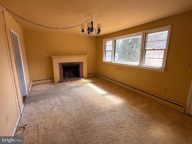 1002 N New St, West Chester, PA 19380 - unfurnished living room featuring an inviting chandelier, a brick fireplace, carpet, and a baseboard radiator