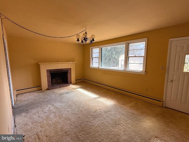 1002 N New St, West Chester, PA 19380 - unfurnished living room featuring a baseboard radiator, an inviting chandelier, a fireplace, and carpet flooring