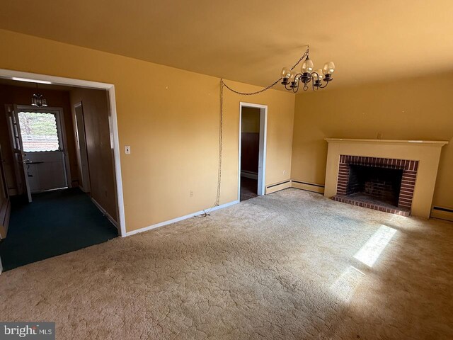 1002 N New St, West Chester, PA 19380 - unfurnished living room featuring a chandelier, a fireplace, a baseboard heating unit, and carpet floors