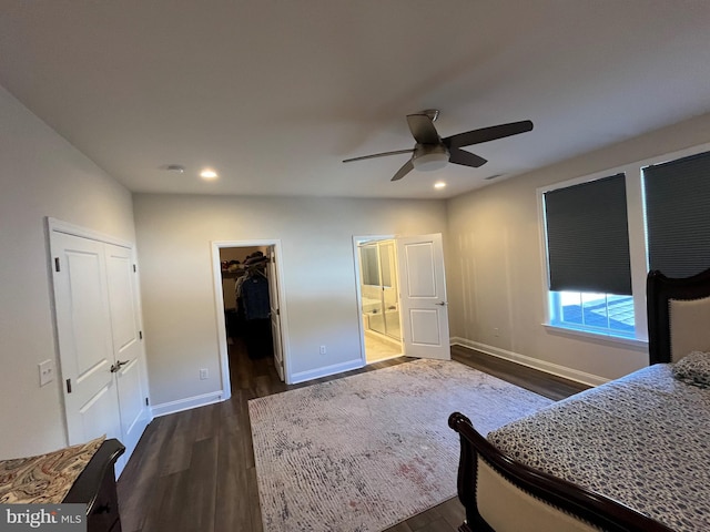 bedroom featuring recessed lighting, a walk in closet, baseboards, and dark wood finished floors