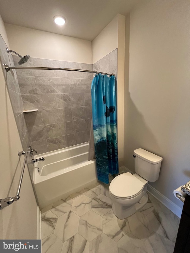 bathroom with baseboards, toilet, recessed lighting, shower / bath combination with curtain, and marble finish floor