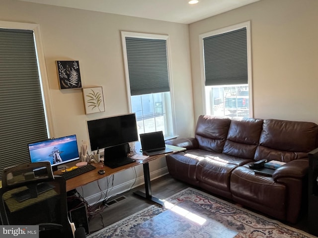 office area with recessed lighting, wood finished floors, and baseboards