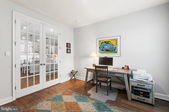 office area featuring wood finished floors, french doors, and baseboards