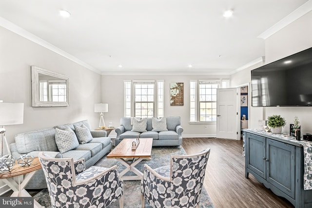 living area featuring recessed lighting, baseboards, dark wood finished floors, and crown molding