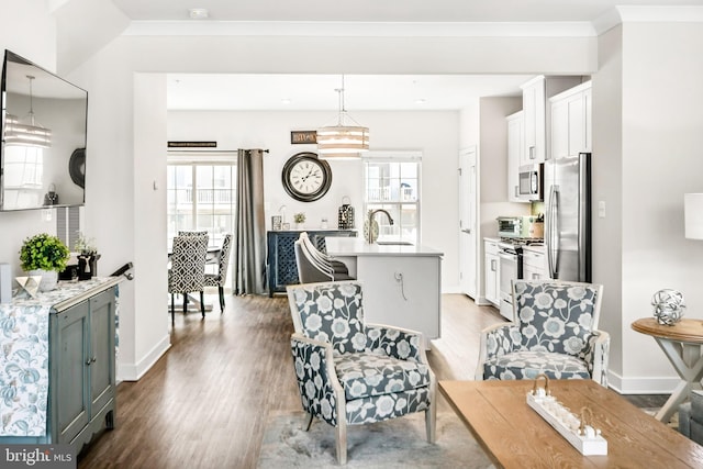 living area featuring plenty of natural light, ornamental molding, baseboards, and wood finished floors