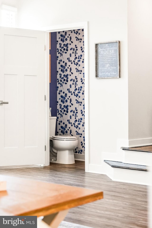 bathroom with toilet and wood finished floors