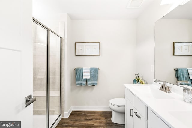 bathroom with a sink, visible vents, wood finished floors, and a stall shower