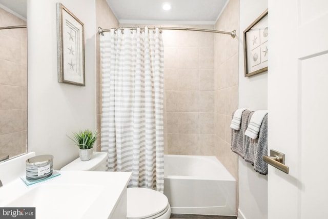 full bathroom featuring shower / bathtub combination with curtain, toilet, and vanity