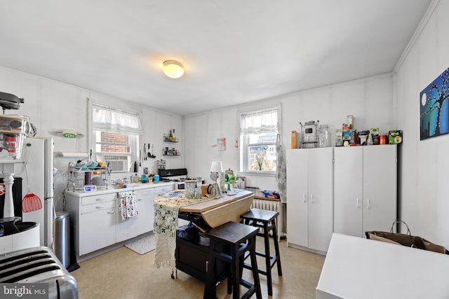 kitchen with light countertops, radiator heating unit, and a healthy amount of sunlight