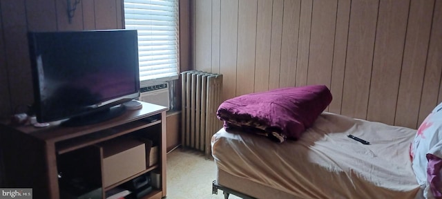 bedroom with wooden walls and radiator