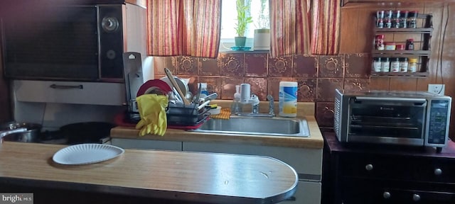 kitchen with a toaster, backsplash, and a sink