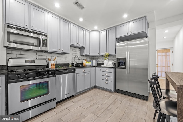 kitchen featuring visible vents, gray cabinets, a sink, appliances with stainless steel finishes, and dark countertops