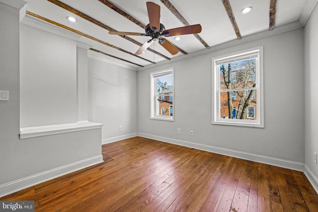 unfurnished room with recessed lighting, a ceiling fan, baseboards, and hardwood / wood-style flooring