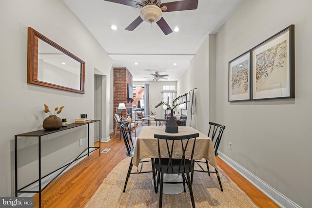 dining space featuring recessed lighting, baseboards, wood finished floors, and ceiling fan