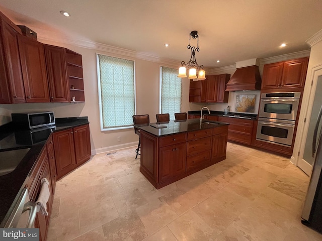 kitchen with custom range hood, open shelves, a sink, stainless steel double oven, and crown molding