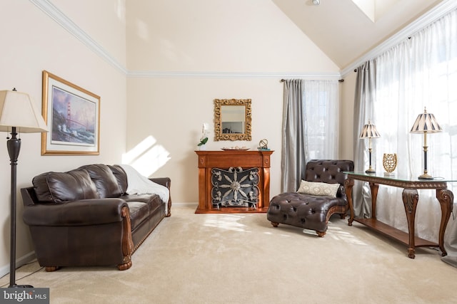 living area featuring baseboards, carpet floors, and high vaulted ceiling