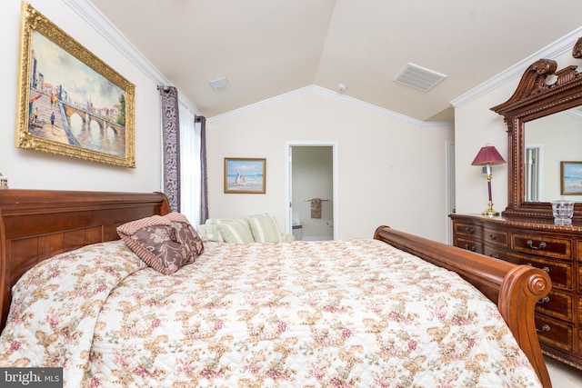 bedroom with vaulted ceiling, visible vents, and ornamental molding